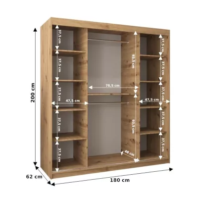 Tolóajtós gardróbszekrény 180 cm széles TIMEA 2 - fekete / artisan tölgy
