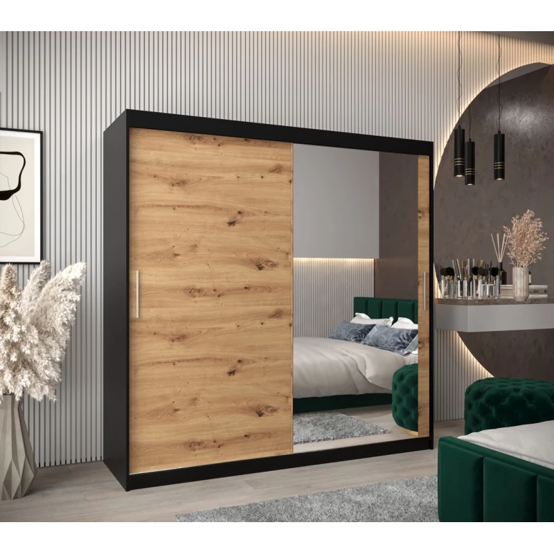 Tolóajtós gardróbszekrény 200 cm széles TIMEA 2 - fekete / artisan tölgy