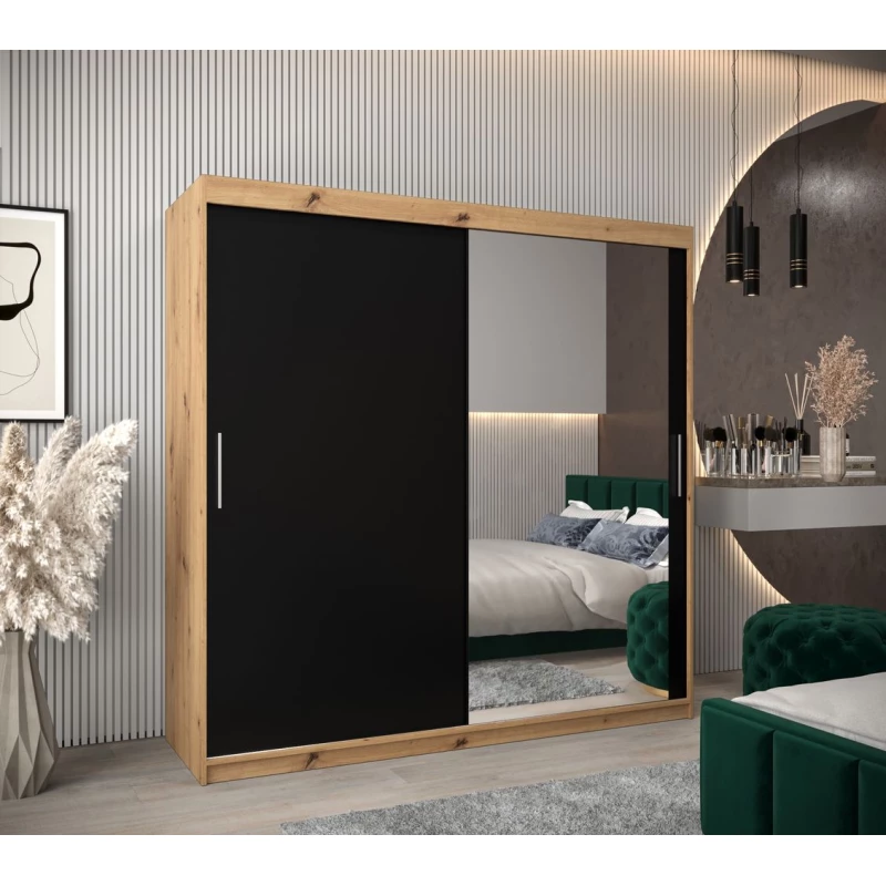 Tolóajtós gardróbszekrény 200 cm széles TIMEA 2 - artisan tölgy / fekete