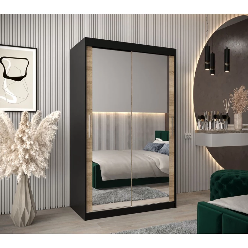 Tolóajtós gardróbszekrény 120 cm széles TIMEA 3 - fekete / sonoma tölgy