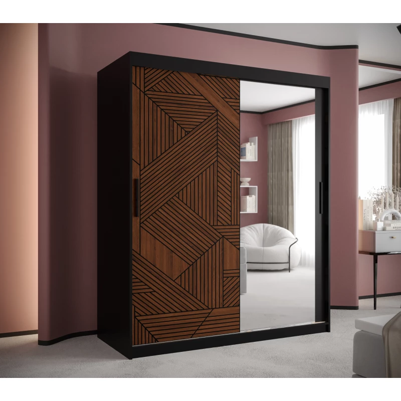 MADELEIN 3 tükrös ruhásszekrény - szélesség 150 cm, fekete + diófa