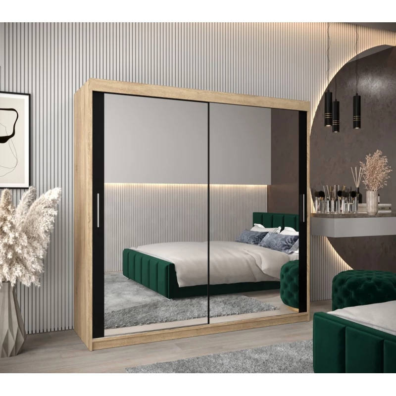 Tolóajtós gardróbszekrény, 200 cm széles TIMEA 3 - sonoma tölgy / fekete