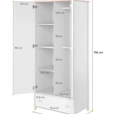 Gyerek ruhásszekrény LALI - 85 cm, fehér / rózsaszín
