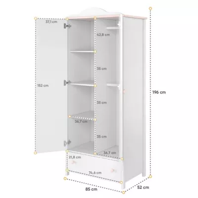 Gyerek ruhásszekrény LALI - 85 cm, fehér / rózsaszín