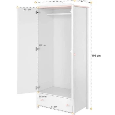 LALI lányszobai szekrény - 85 cm, fehér / rózsaszín
