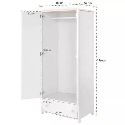 LALI lányszobai szekrény - 85 cm, fehér / rózsaszín