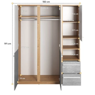 PANAJA kombinált szekrény - 150 cm, nash tölgy / fehér / beton