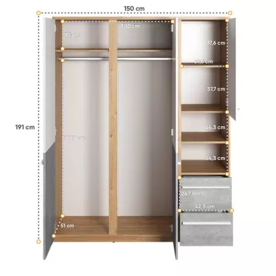 PANAJA kombinált szekrény - 150 cm, nash tölgy / fehér / beton