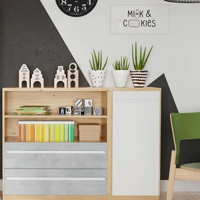 PANAJA kombinált fiókos komód - nash tölgy / fehér / beton