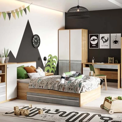 Ágy léces kerettel PANAJA - 120x200, nash tölgy / fehér / beton