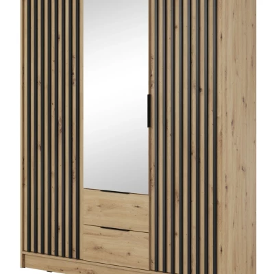 Háromajtós szekrény tükörrel MARFA - szélesség 155 cm, artisan tölgy / fekete