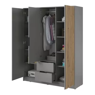 Háromajtós szekrény tükörrel MARFA - szélesség 155 cm, szürke / artisan tölgy