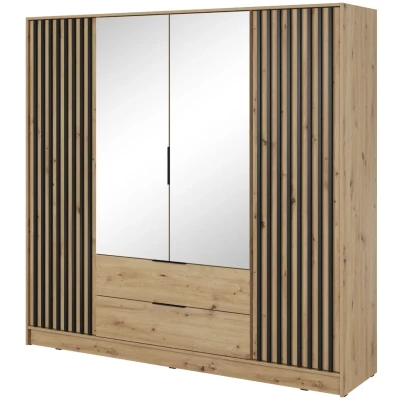Négyajtós tükrös gardróbszekrény MARFA - szélesség 206 cm, artisan tölgy / fekete