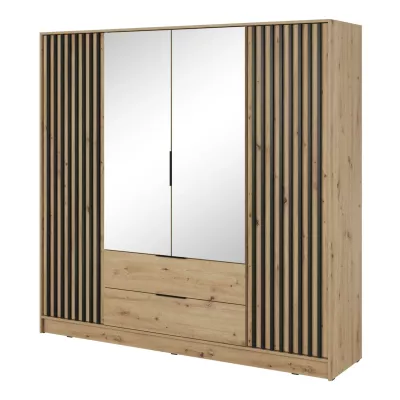 Négyajtós tükrös gardróbszekrény MARFA - szélesség 206 cm, artisan tölgy / fekete