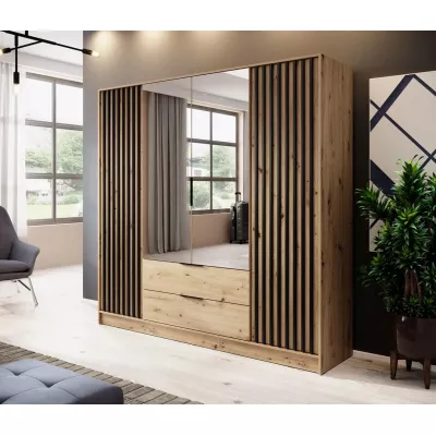 Négyajtós tükrös gardróbszekrény MARFA - szélesség 206 cm, artisan tölgy / fekete