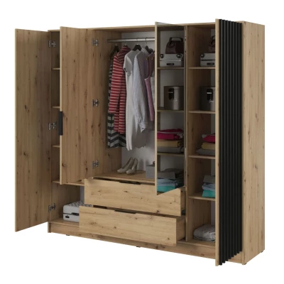 Négyajtós tükrös gardróbszekrény MARFA - szélesség 206 cm, artisan tölgy / fekete