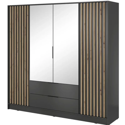 Négyajtós, tükörrel ellátott gardróbszekrény MARFA - szélesség 206 cm, grafit / artisan tölgy