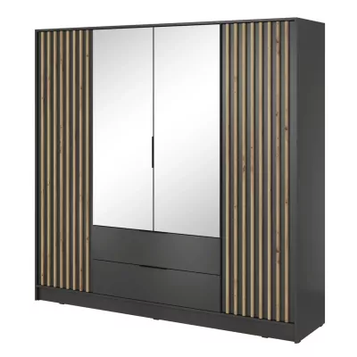 Négyajtós, tükörrel ellátott gardróbszekrény MARFA - szélesség 206 cm, grafit / artisan tölgy