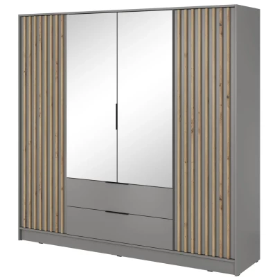 Négyajtós tükrös gardróbszekrény MARFA - szélesség 206 cm, szürke / artisan tölgy