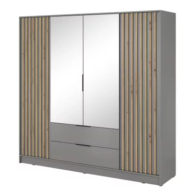 Négyajtós tükrös gardróbszekrény MARFA - szélesség 206 cm, szürke / artisan tölgy