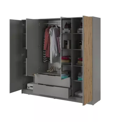Négyajtós tükrös gardróbszekrény MARFA - szélesség 206 cm, szürke / artisan tölgy