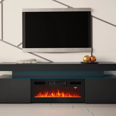 TV állvány elektromos kandallóval USOA - fényes fekete / matt fekete + INGYENES LED világítás