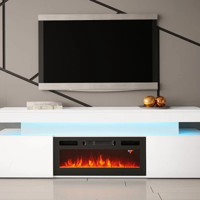 TV állvány elektromos kandallóval USOA - fényes fehér / matt fehér + INGYENES LED világítás
