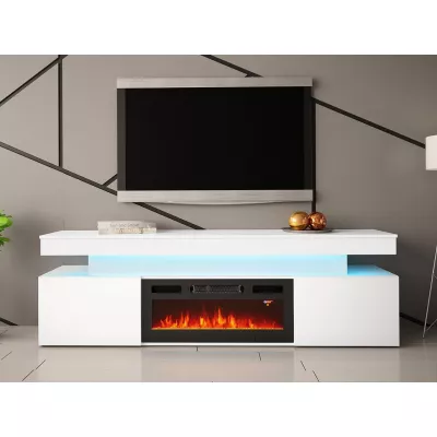 TV állvány elektromos kandallóval USOA - fényes fehér / matt fehér + INGYENES LED világítás