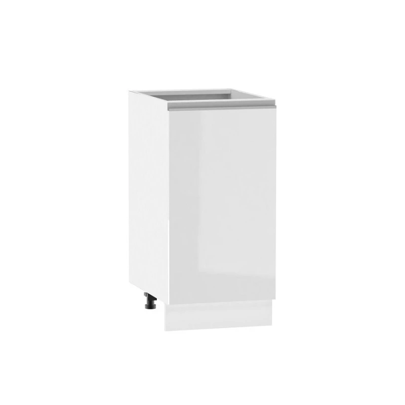 Alsó egyajtós szekrény ADAMA - szélesség 40 cm, fényes fehér / fehér, ezüst fogantyú, 10 cm lábak