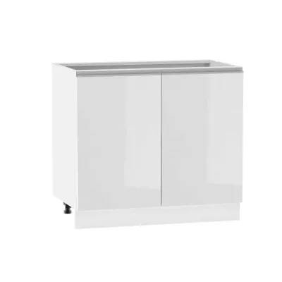Kétajtós szekrény polccal ADAMA - szélesség 90 cm, fényes fehér / fehér, ezüst fogantyú, 10 cm lábak