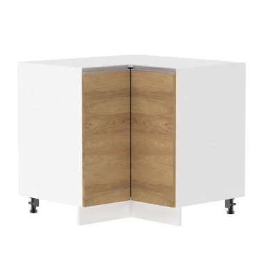 Alsó sarokszekrény ADAMA - szélesség 90 cm, hickory natúr/fehér, ezüst fogantyú, 10 cm lábak