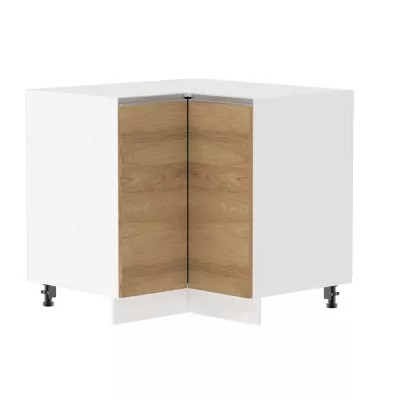 Alsó sarokszekrény ADAMA - szélesség 90 cm, hickory natúr/fehér, ezüst fogantyú, 10 cm lábak