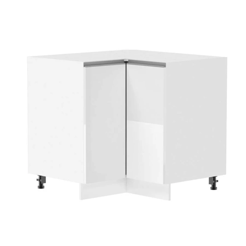 Alsó sarokszekrény ADAMA - szélesség 90 cm, fényes fehér / fehér, ezüst fogantyú, 10 cm lábak