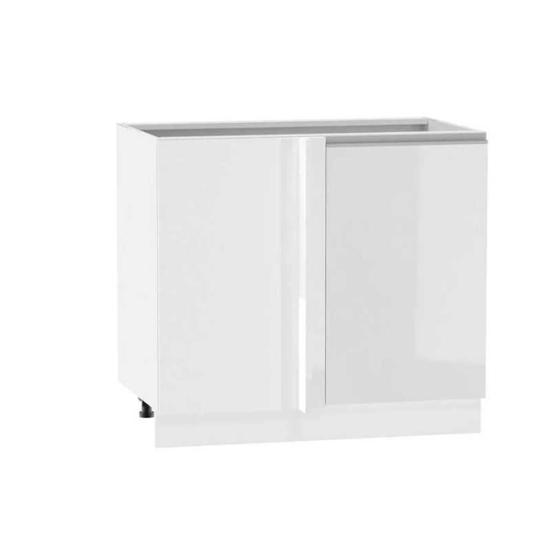 Bővített sarokszekrény ADAMA - szélesség 110 cm, fényes fehér / fehér, ezüst fogantyú, 15 cm lábak, bal oldali