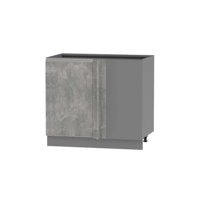 Bővített sarokszekrény ADAMA - szélesség 110 cm, világos műbeton / szürke, ezüst fogantyú, 15 cm-es lábak, jobb oldali
