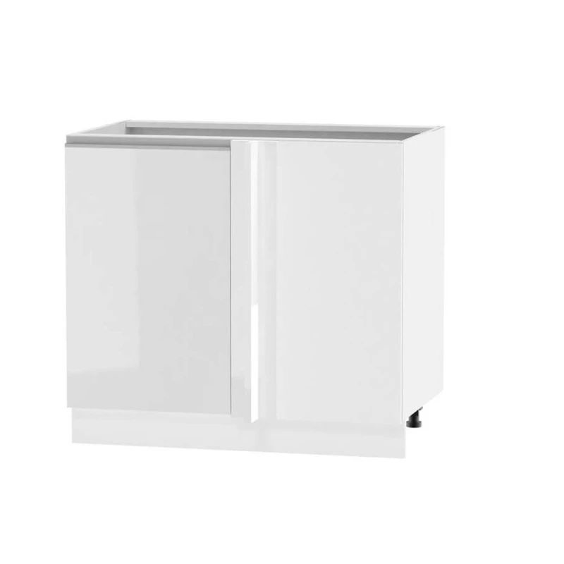 Bővített sarokszekrény ADAMA - szélesség 110 cm, fényes fehér / fehér, ezüst fogantyú, 10 cm lábak, jobb oldali
