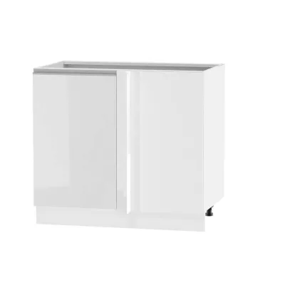 Bővített sarokszekrény ADAMA - szélesség 110 cm, fényes fehér / fehér, ezüst fogantyú, 10 cm lábak, jobb oldali