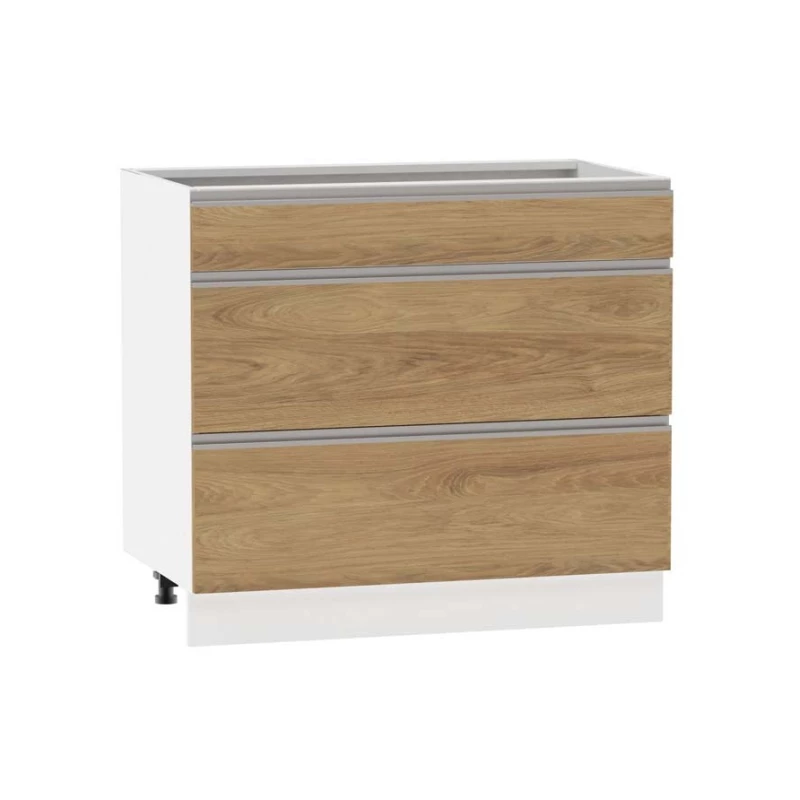 Alsó szekrény fiókokkal ADAMA - szélesség 90 cm, hickory natúr / fehér, lábak 10 cm