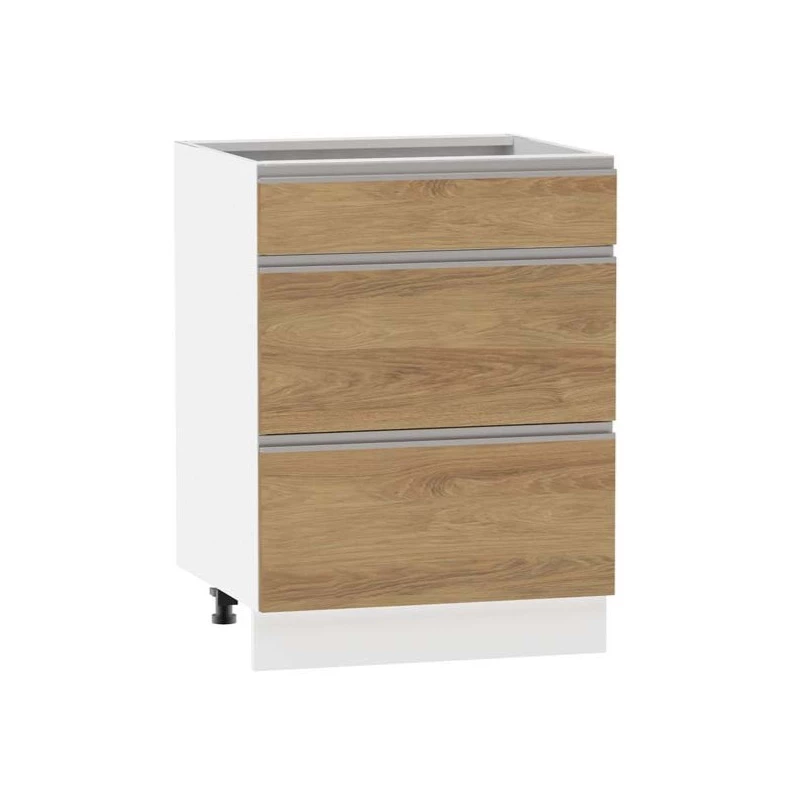 Fiókos szigetszekrény ADAMA - szélesség 60 cm, hickory natúr / fehér, 10 cm lábak