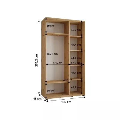 ASIRI 13 gardróbszekrény - 130/45 cm, fehér / artisan tölgy / fekete