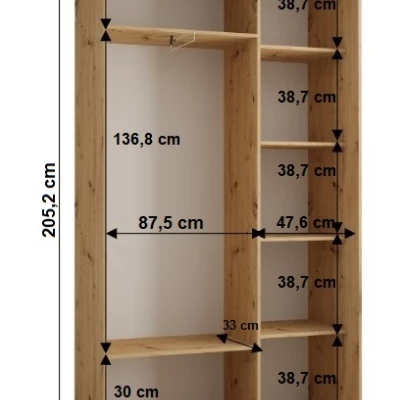 YVONA 13 gardróbszekrény - 140/45 cm, fekete / artisan tölgy / ezüst