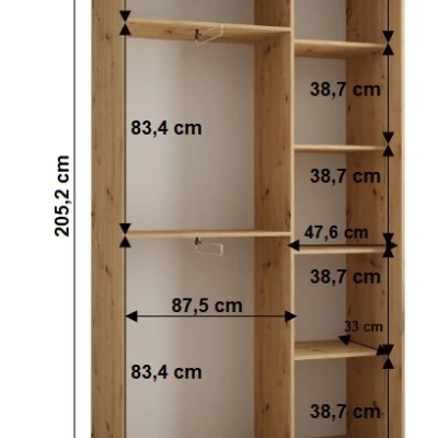 YVONA 13 gardróbszekrény - 140/45 cm, fekete / artisan tölgy / ezüst