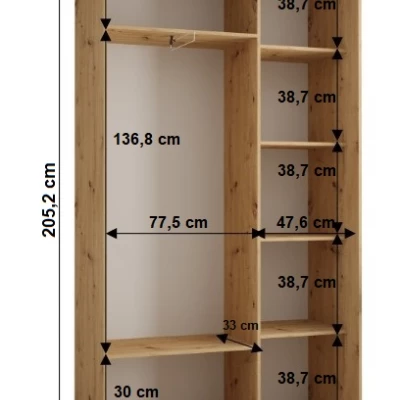 YVONA 5 gardróbszekrény - 130/45 cm, fekete / artisan tölgy / ezüst