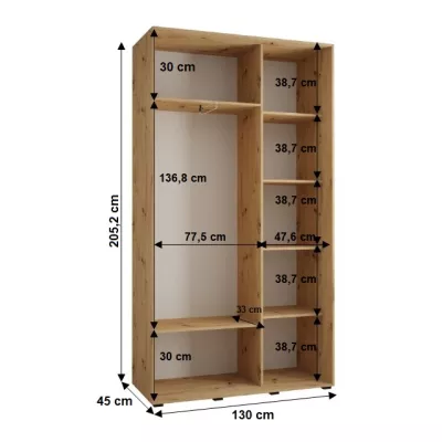 YVONA 5 gardróbszekrény - 130/45 cm, fekete / artisan tölgy / ezüst