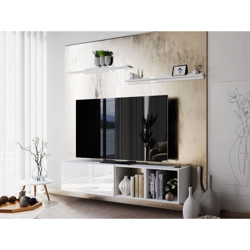 TV állvány lábakon SALADO - fehér / fényes fehér + 2x polc INGYENES