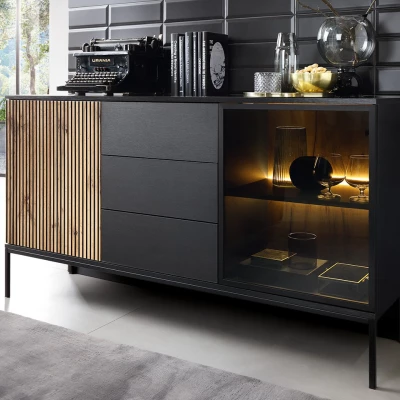 Üveg széles fiókos komód a nappaliba RHOME - wotan / fekete grafit + LED világítás INGYEN