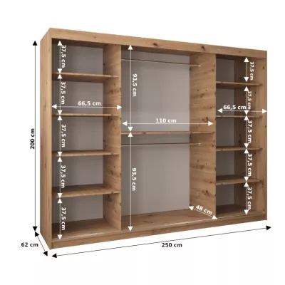 DONICELA 3 tükrös szekrény - 250 cm, fekete / sonoma