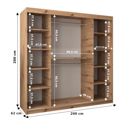 DONICELA 3 tükrös szekrény - 200 cm, fekete / sonoma