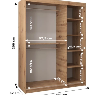 DONICELA 2 tükrös szekrény - 150 cm, fekete / sonoma