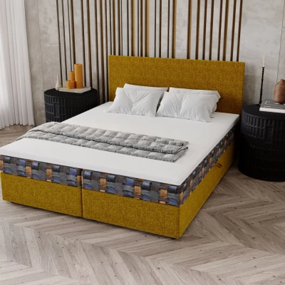 OTILIE 3 kárpitozott ágy 180x200 tárolóhellyel - mustár + mintás